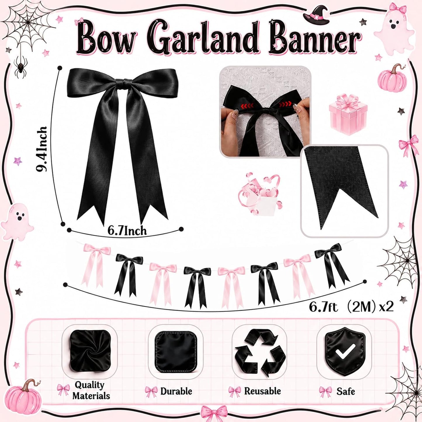 Pink Halloween Bow Garland, Pink and Black Bow Decorations, Halloween Decor