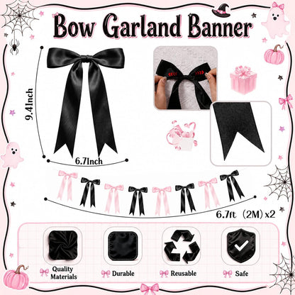 Pink Halloween Bow Garland, Pink and Black Bow Decorations, Halloween Decor