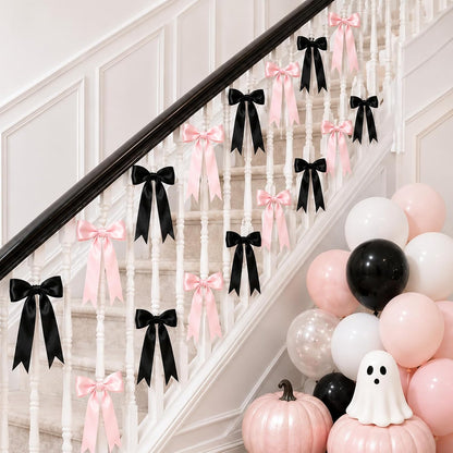 Pink Halloween Bow Garland, Pink and Black Bow Decorations, Halloween Decor