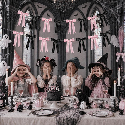 Pink Halloween Bow Garland, Pink and Black Bow Decorations, Halloween Decor