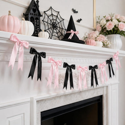 Pink Halloween Bow Garland, Pink and Black Bow Decorations, Halloween Decor