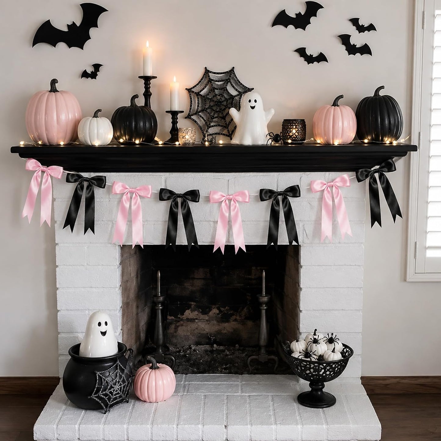 Pink Halloween Bow Garland, Pink and Black Bow Decorations, Halloween Decor