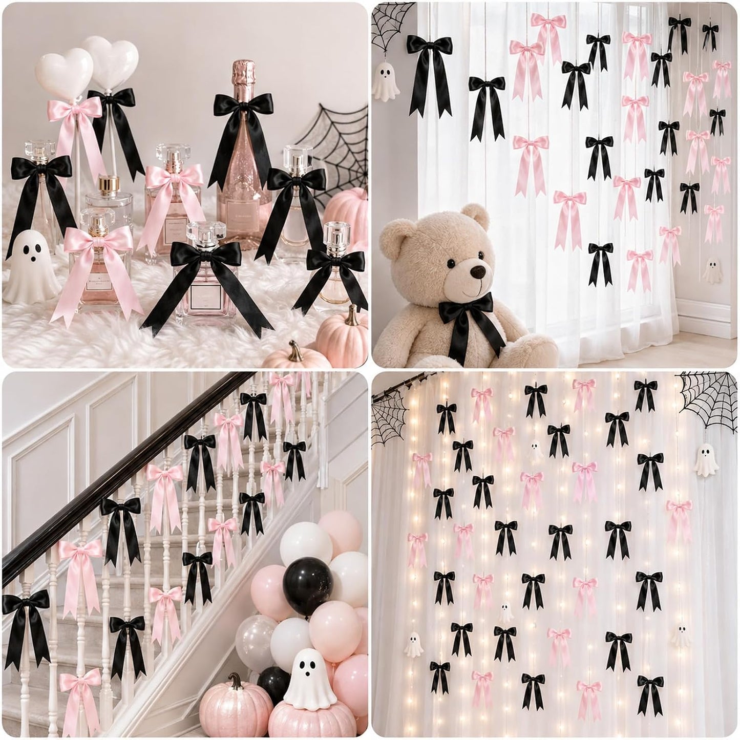 Pink Halloween Bow Garland, Pink and Black Bow Decorations, Halloween Decor