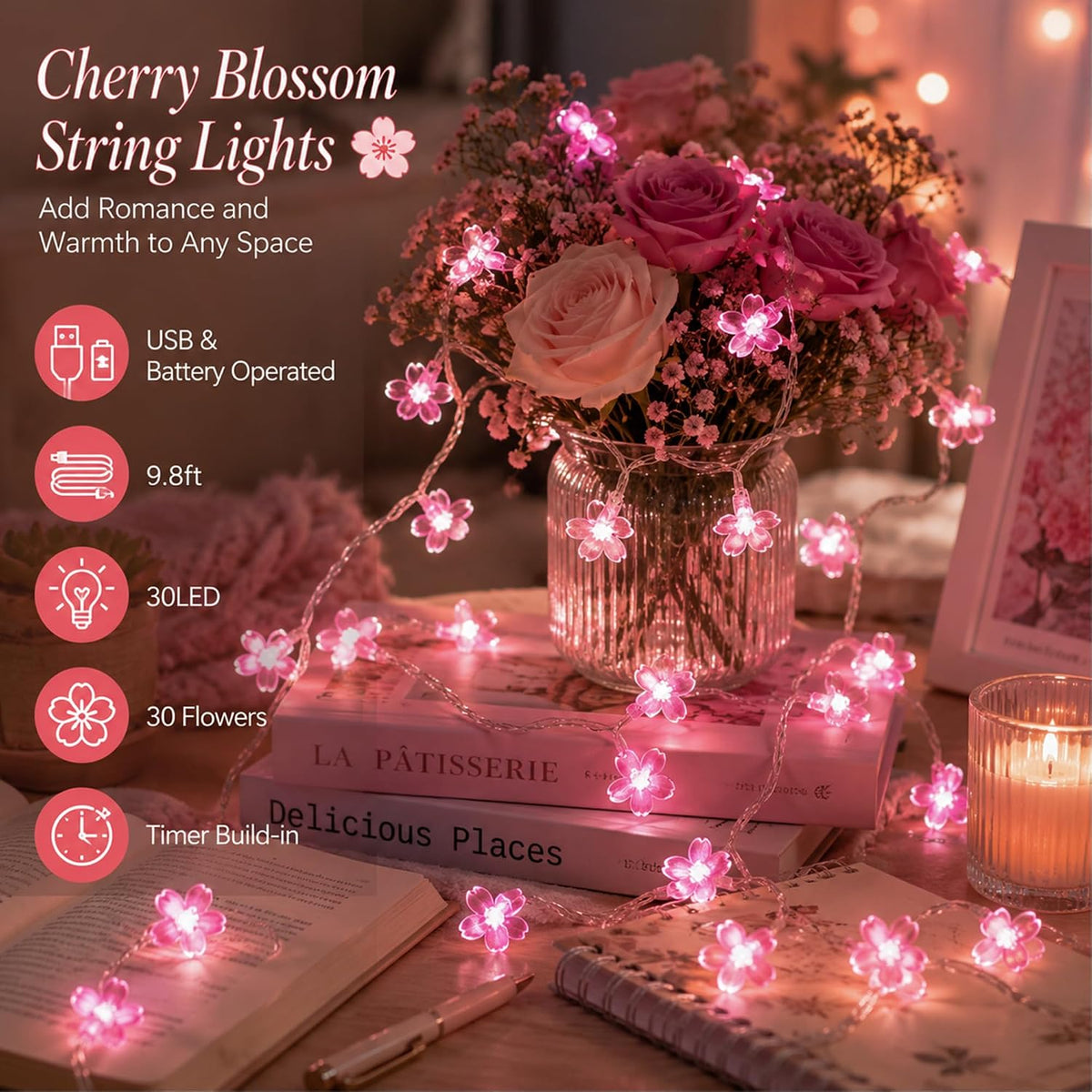 Pink Cherry Blossom Fairy Flower Lights, USB/Battery Operated Floral Lamp