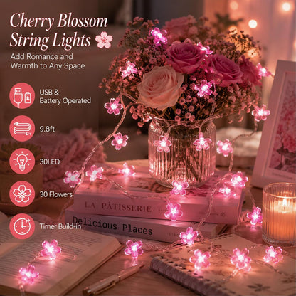 Pink Cherry Blossom Fairy Flower Lights, USB/Battery Operated Floral Lamp