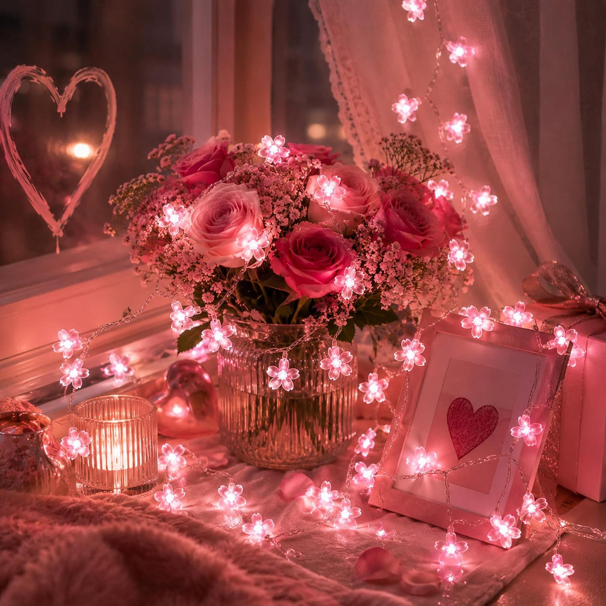 Pink Cherry Blossom Fairy Flower Lights, USB/Battery Operated Floral Lamp