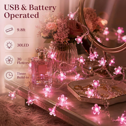Pink Cherry Blossom Fairy Flower Lights, USB/Battery Operated Floral Lamp