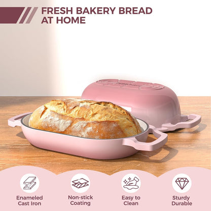 Enameled Cast Iron Dutch Oven Pot with Lid, Oval Bread Oven