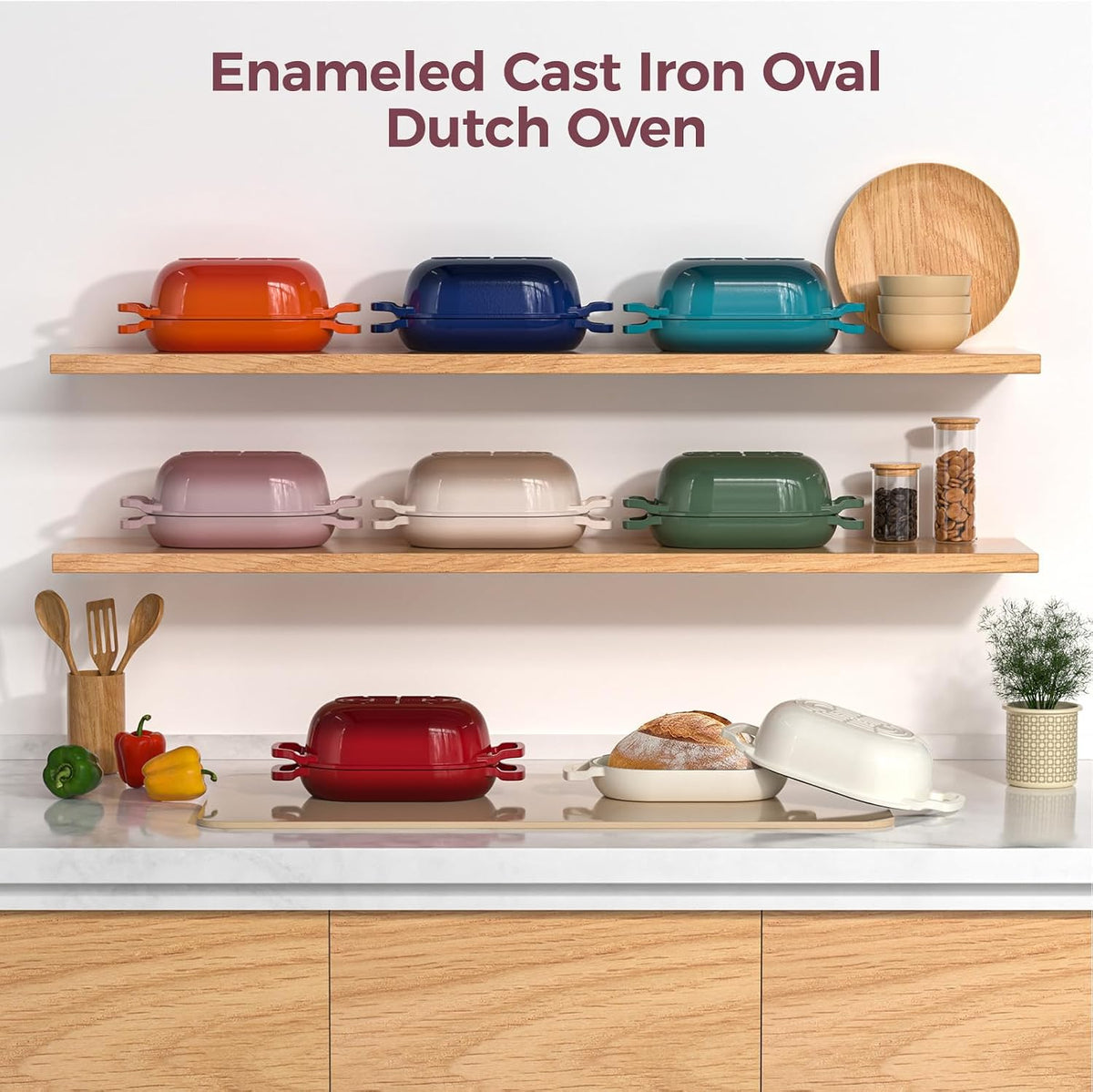 Enameled Cast Iron Dutch Oven Pot with Lid, Oval Bread Oven