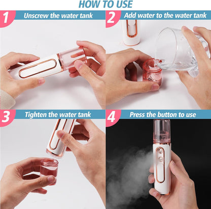 Nano Mister for Eyelash Extensions, Portable Facial Mist Sprayer with 2 Nozzles, 30ml Water Tank - USB Rechargeable Handheld Face Atomizer for Makeup and Skin Hydration - Pink