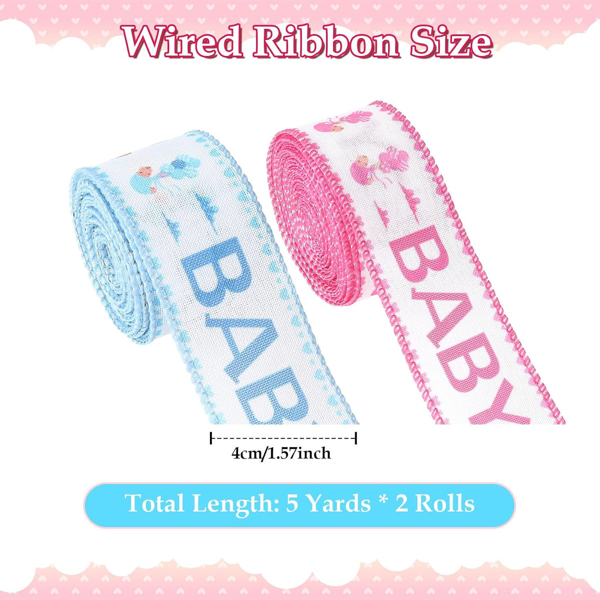 Baby Pink and Blue Wired Ribbon Baby Shower Ribbon 1 1/2 Inch 10 Yards Gender Reveal Ribbons for DIY Crafts Nursery Decor Newborn Party Supplies Gift Wrapping Diaper Cake Bow Making 2 Rolls