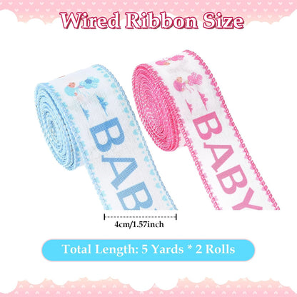 Baby Pink and Blue Wired Ribbon Baby Shower Ribbon 1 1/2 Inch 10 Yards Gender Reveal Ribbons for DIY Crafts Nursery Decor Newborn Party Supplies Gift Wrapping Diaper Cake Bow Making 2 Rolls