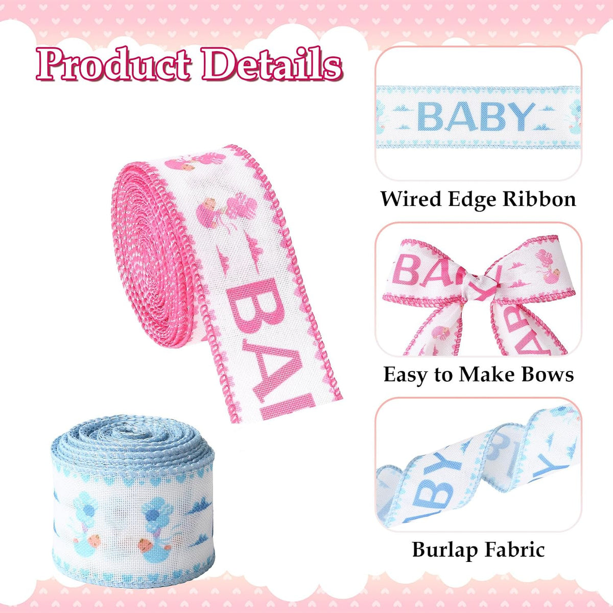 Baby Pink and Blue Wired Ribbon Baby Shower Ribbon 1 1/2 Inch 10 Yards Gender Reveal Ribbons for DIY Crafts Nursery Decor Newborn Party Supplies Gift Wrapping Diaper Cake Bow Making 2 Rolls