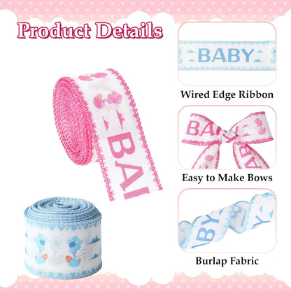 Baby Pink and Blue Wired Ribbon Baby Shower Ribbon 1 1/2 Inch 10 Yards Gender Reveal Ribbons for DIY Crafts Nursery Decor Newborn Party Supplies Gift Wrapping Diaper Cake Bow Making 2 Rolls