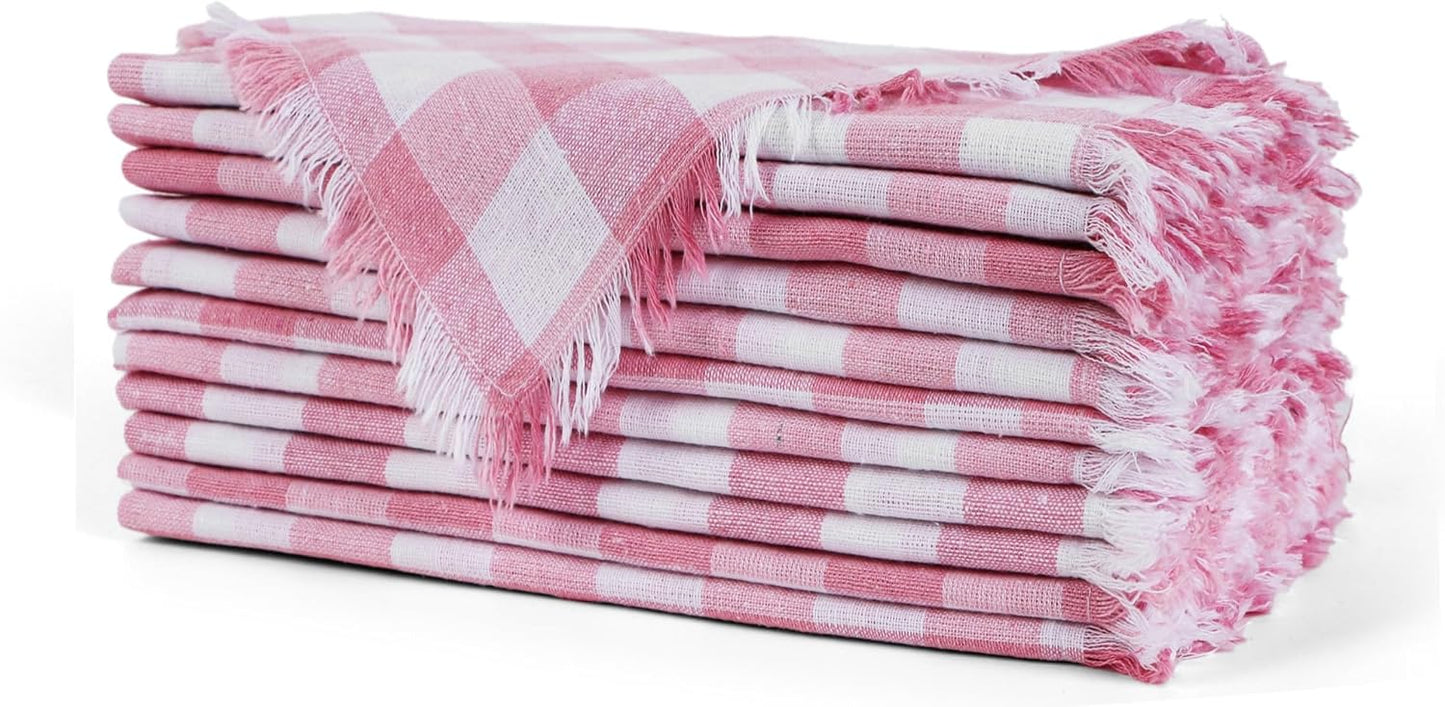 FINGERCRAFT Cloth Napkins Natural Cotton Checkered Set of 12 Premium Fringe Design Dinner Napkin Soft Durable Ideal for Dining Room, Restaurant, Weddings Events Washable Good Absorbency Pink Check