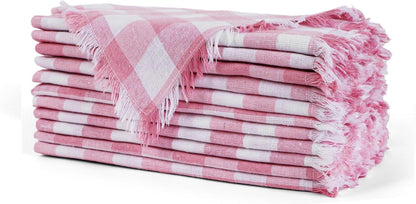 FINGERCRAFT Cloth Napkins Natural Cotton Checkered Set of 12 Premium Fringe Design Dinner Napkin Soft Durable Ideal for Dining Room, Restaurant, Weddings Events Washable Good Absorbency Pink Check
