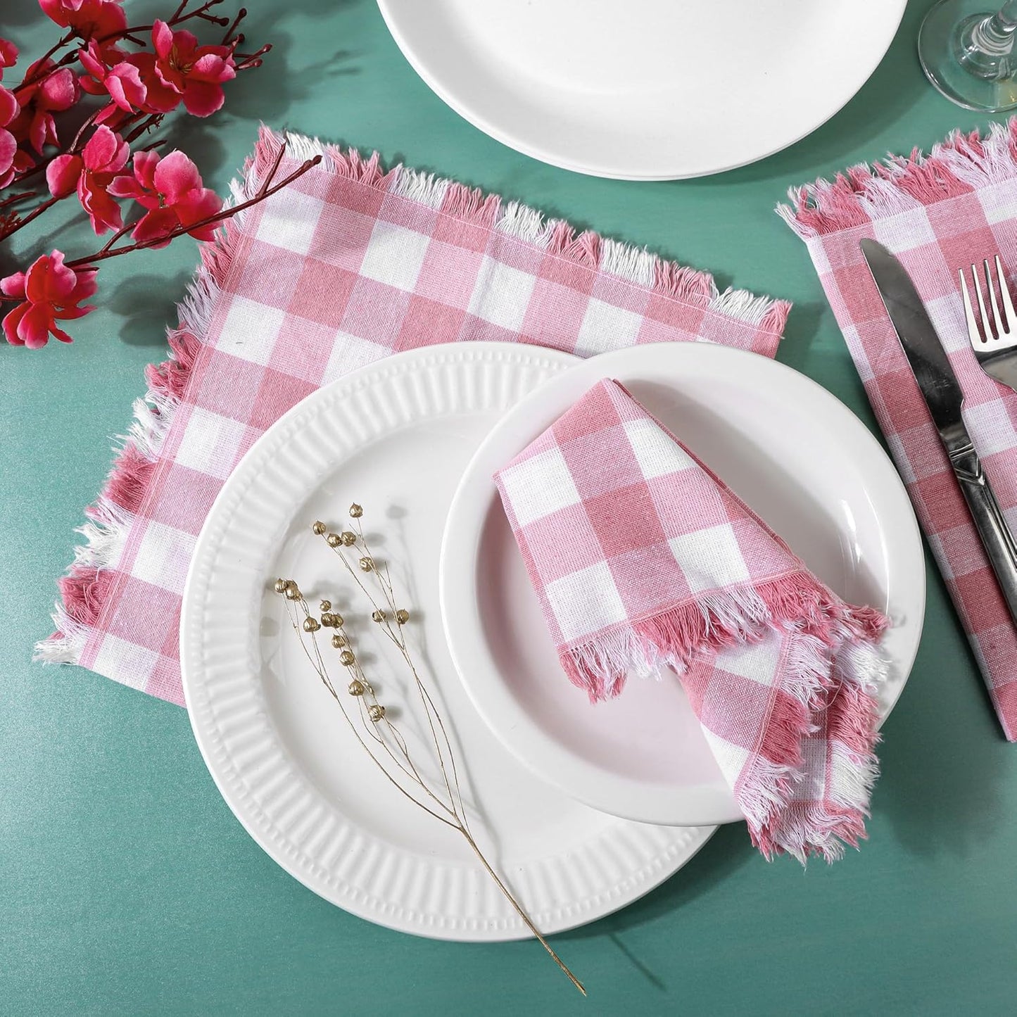 FINGERCRAFT Cloth Napkins Natural Cotton Checkered Set of 12 Premium Fringe Design Dinner Napkin Soft Durable Ideal for Dining Room, Restaurant, Weddings Events Washable Good Absorbency Pink Check