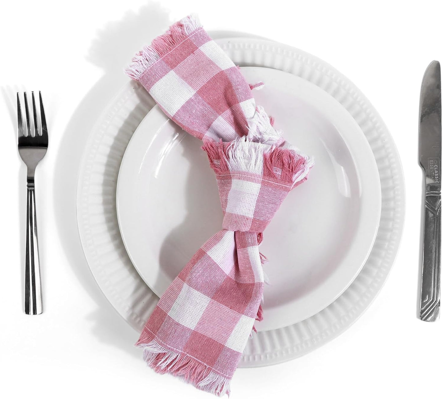 FINGERCRAFT Cloth Napkins Natural Cotton Checkered Set of 12 Premium Fringe Design Dinner Napkin Soft Durable Ideal for Dining Room, Restaurant, Weddings Events Washable Good Absorbency Pink Check