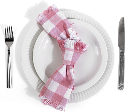 FINGERCRAFT Cloth Napkins Natural Cotton Checkered Set of 12 Premium Fringe Design Dinner Napkin Soft Durable Ideal for Dining Room, Restaurant, Weddings Events Washable Good Absorbency Pink Check