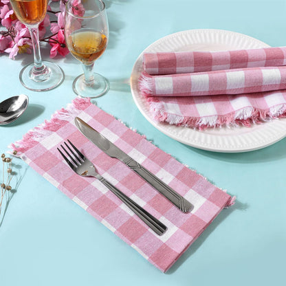 FINGERCRAFT Cloth Napkins Natural Cotton Checkered Set of 12 Premium Fringe Design Dinner Napkin Soft Durable Ideal for Dining Room, Restaurant, Weddings Events Washable Good Absorbency Pink Check