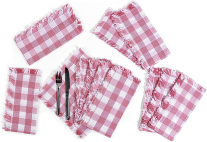 FINGERCRAFT Cloth Napkins Natural Cotton Checkered Set of 12 Premium Fringe Design Dinner Napkin Soft Durable Ideal for Dining Room, Restaurant, Weddings Events Washable Good Absorbency Pink Check