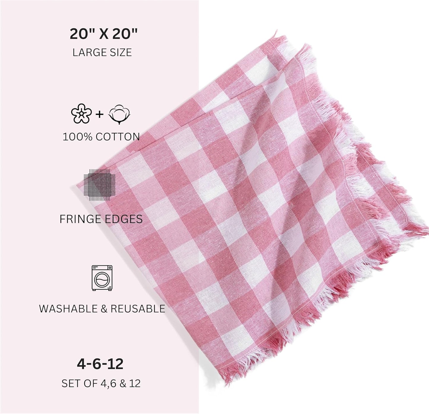FINGERCRAFT Cloth Napkins Natural Cotton Checkered Set of 12 Premium Fringe Design Dinner Napkin Soft Durable Ideal for Dining Room, Restaurant, Weddings Events Washable Good Absorbency Pink Check
