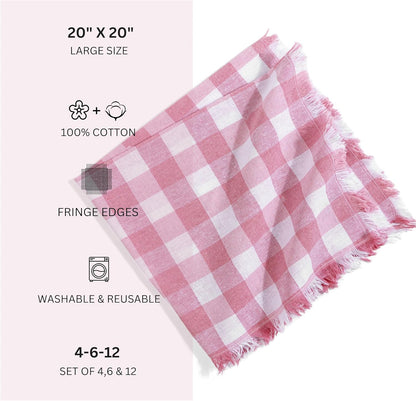 FINGERCRAFT Cloth Napkins Natural Cotton Checkered Set of 12 Premium Fringe Design Dinner Napkin Soft Durable Ideal for Dining Room, Restaurant, Weddings Events Washable Good Absorbency Pink Check