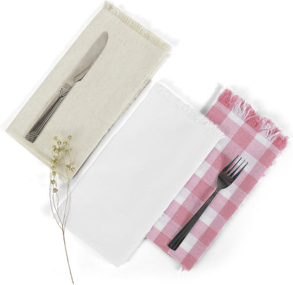 FINGERCRAFT Cloth Napkins Natural Cotton Checkered Set of 12 Premium Fringe Design Dinner Napkin Soft Durable Ideal for Dining Room, Restaurant, Weddings Events Washable Good Absorbency Pink Check