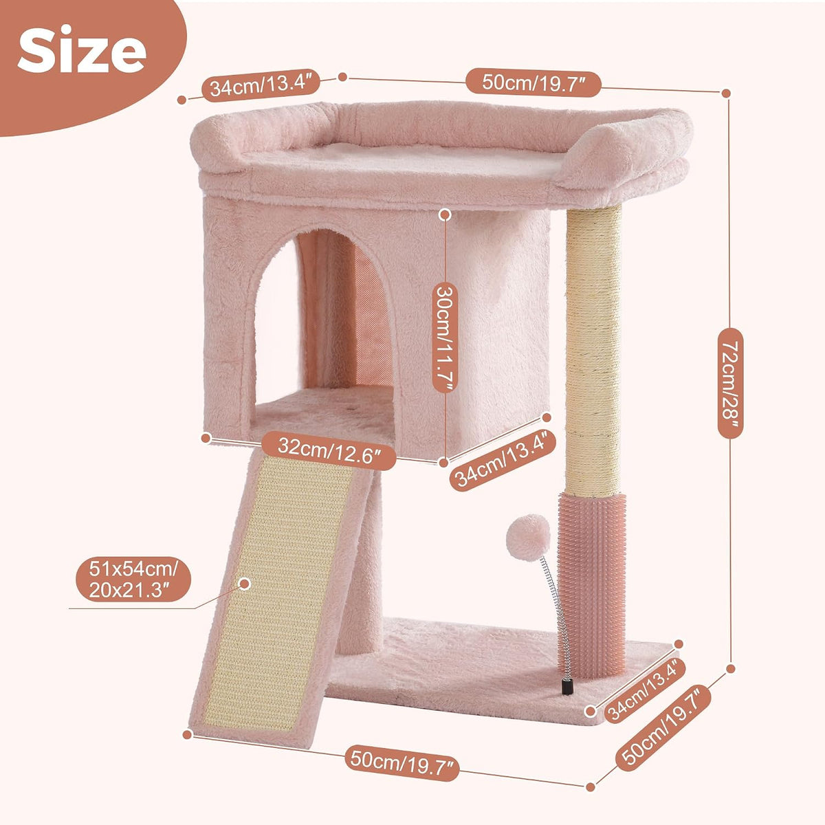 Cute Cat Tree 28” Pink Cat Tower with Top Large Bed 20x13”