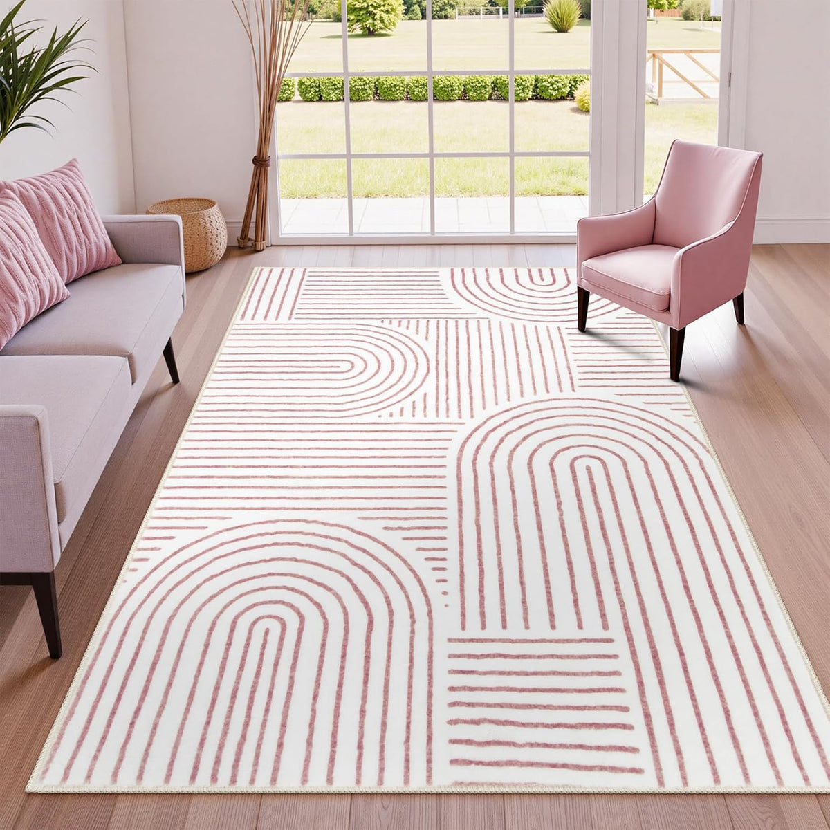 Abstract Pink and White Rugs for Bedroom Girls, Soft Washable Rugs