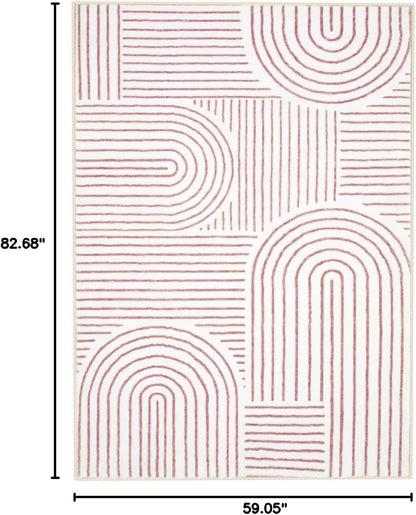 Abstract Pink and White Rugs for Bedroom Girls, Soft Washable Rugs