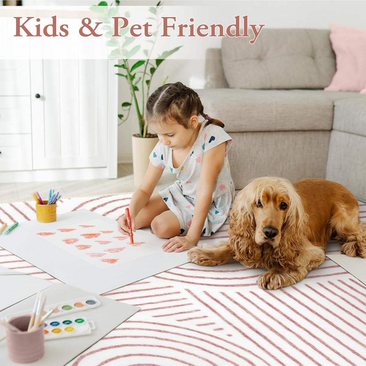 Abstract Pink and White Rugs for Bedroom Girls, Soft Washable Rugs