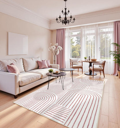 Abstract Pink and White Rugs for Bedroom Girls, Soft Washable Rugs