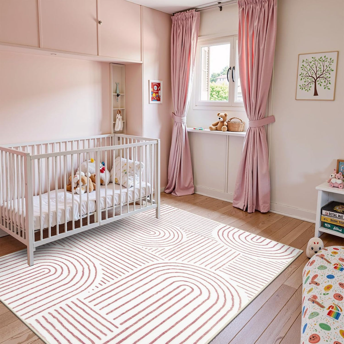 Abstract Pink and White Rugs for Bedroom Girls, Soft Washable Rugs