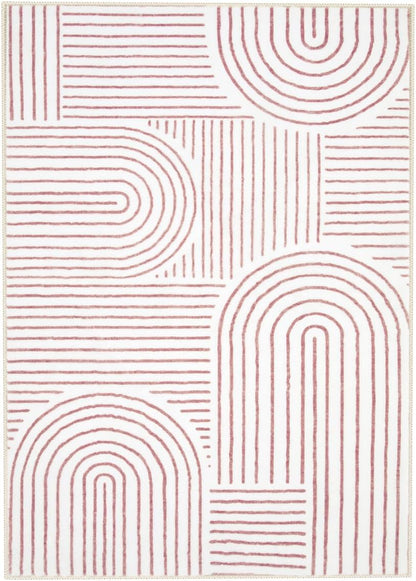 Abstract Pink and White Rugs for Bedroom Girls, Soft Washable Rugs