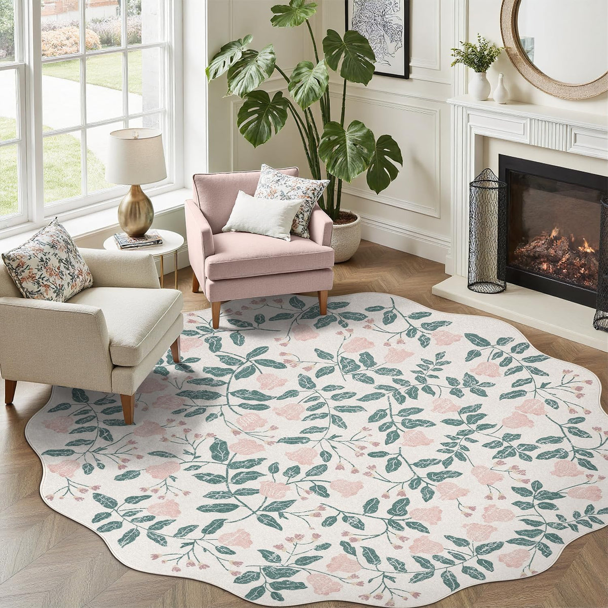 DCX Pink Botanical 5x5 Rug, Machine Washable Non Slip Stain Resistant Carpet, Kid & Pet Friendly Low Pile Floral Scalloped Rug for Living Room, Bedroom, Home Office
