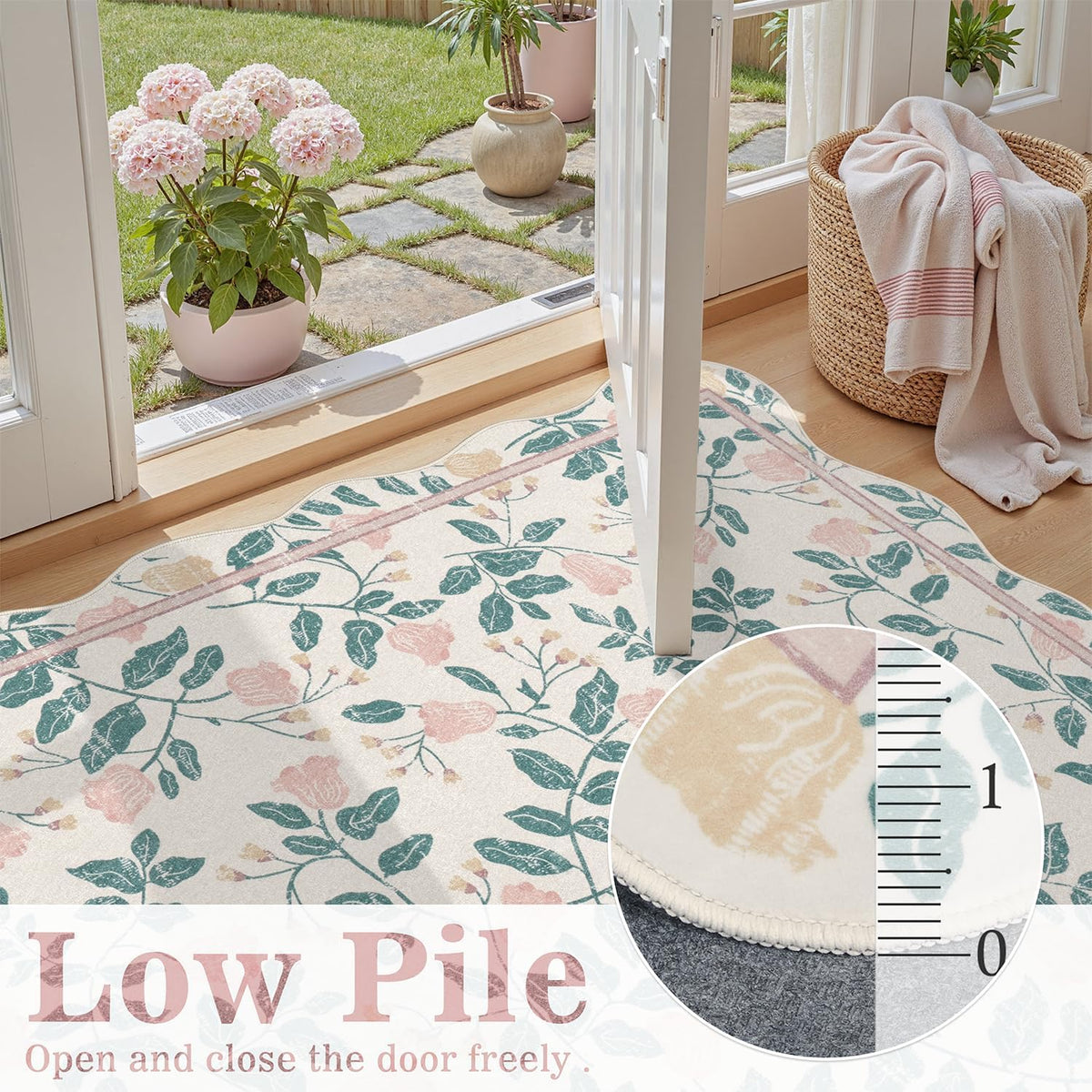 DCX Pink Botanical 5x5 Rug, Machine Washable Non Slip Stain Resistant Carpet, Kid & Pet Friendly Low Pile Floral Scalloped Rug for Living Room, Bedroom, Home Office