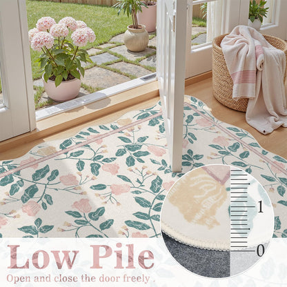 DCX Pink Botanical 5x5 Rug, Machine Washable Non Slip Stain Resistant Carpet, Kid & Pet Friendly Low Pile Floral Scalloped Rug for Living Room, Bedroom, Home Office