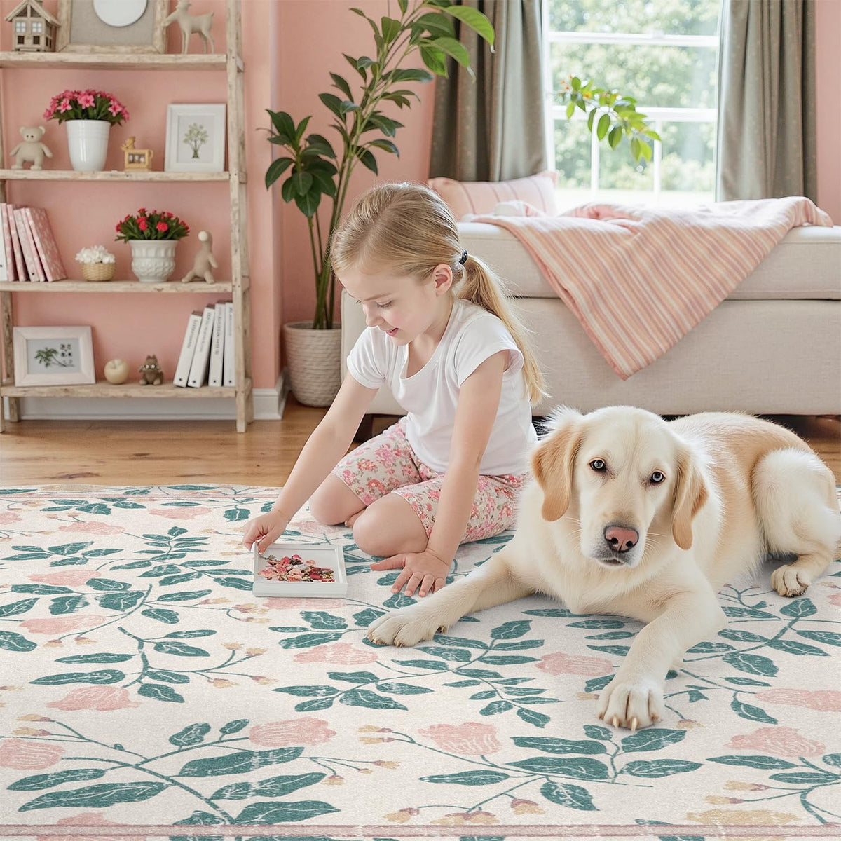 DCX Pink Botanical 5x5 Rug, Machine Washable Non Slip Stain Resistant Carpet, Kid & Pet Friendly Low Pile Floral Scalloped Rug for Living Room, Bedroom, Home Office