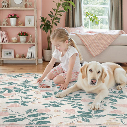 DCX Pink Botanical 5x5 Rug, Machine Washable Non Slip Stain Resistant Carpet, Kid & Pet Friendly Low Pile Floral Scalloped Rug for Living Room, Bedroom, Home Office