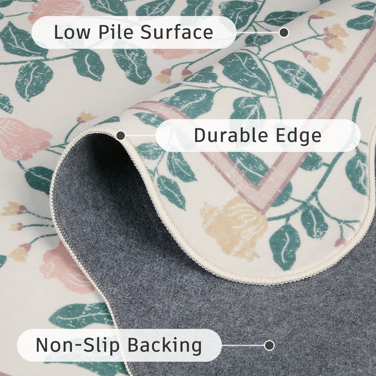 DCX Pink Botanical 5x5 Rug, Machine Washable Non Slip Stain Resistant Carpet, Kid & Pet Friendly Low Pile Floral Scalloped Rug for Living Room, Bedroom, Home Office