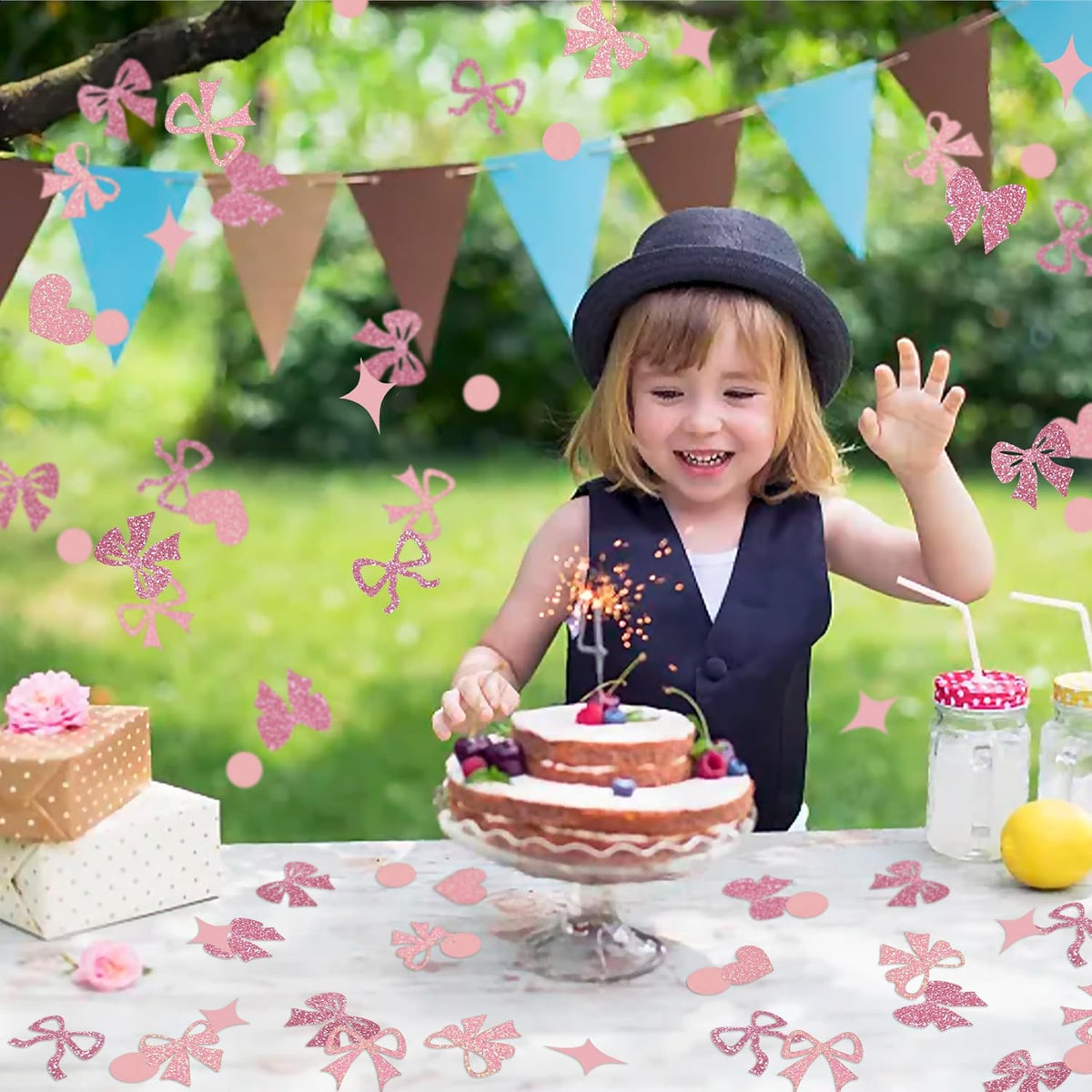 240 Pcs Pink Bow Confetti, Bow Theme Glitter Table Scatter (Pink)