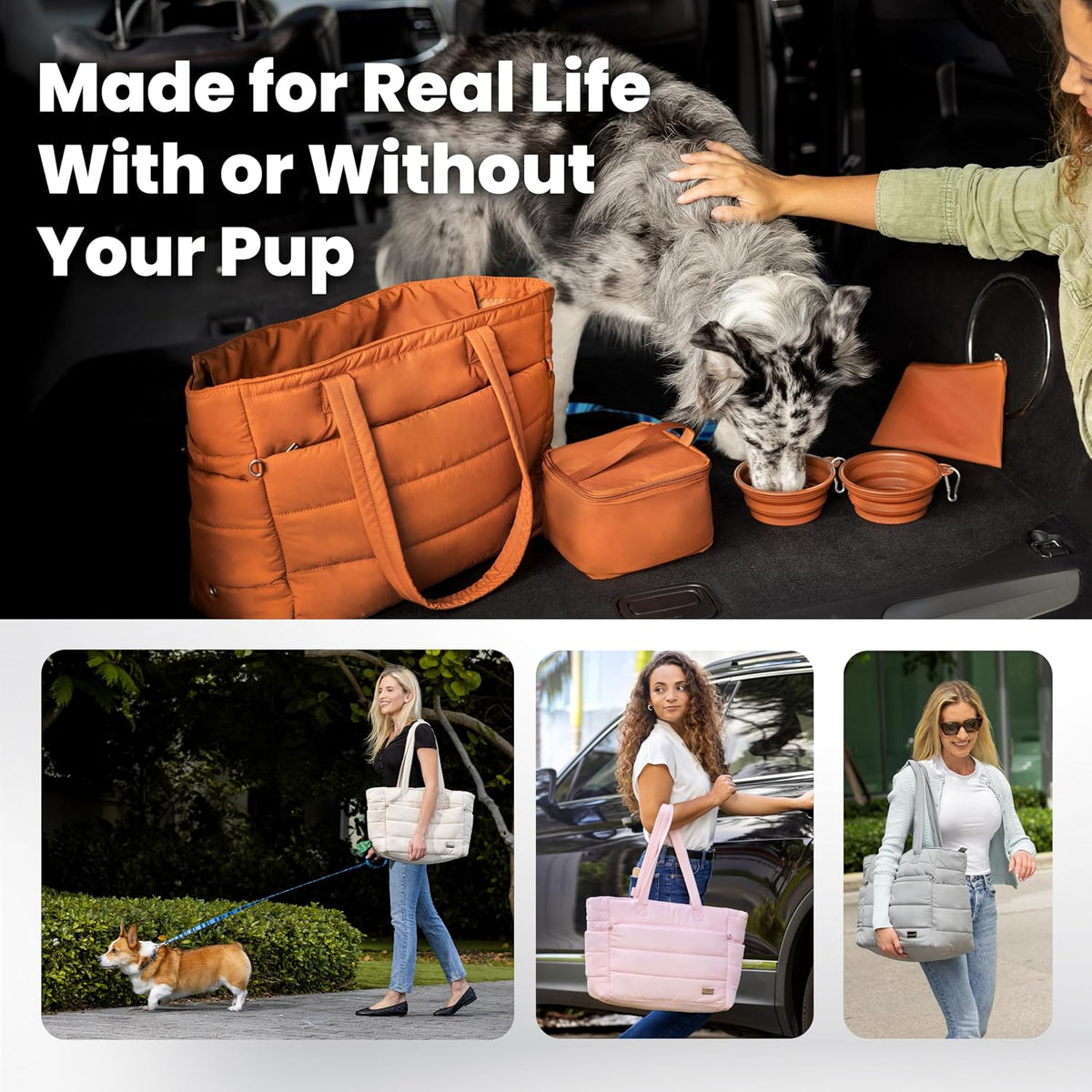 Puffer Dog Travel Bag for Dog Moms, Diaper Bag with Travel Bowls