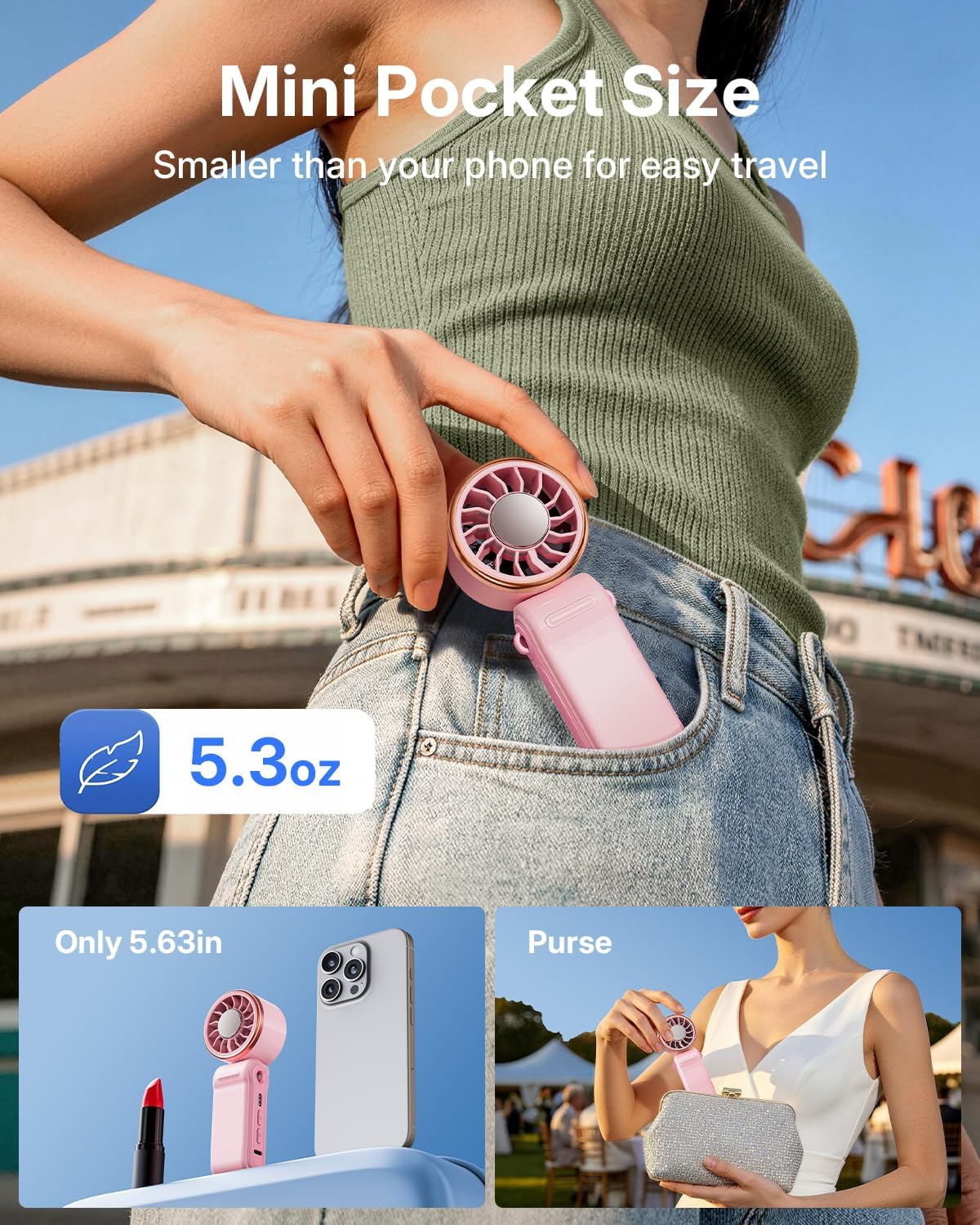 Mini Portable Fan with Ice Cooling, Lightweight Handheld Pocket Turbo Fan Rechargeable, 3 Speed, Foldable Personal Hand Fan for Travel, Beach Vacation, Women Girls (Pink)