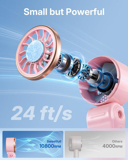 Mini Portable Fan with Ice Cooling, Lightweight Handheld Pocket Turbo Fan Rechargeable, 3 Speed, Foldable Personal Hand Fan for Travel, Beach Vacation, Women Girls (Pink)