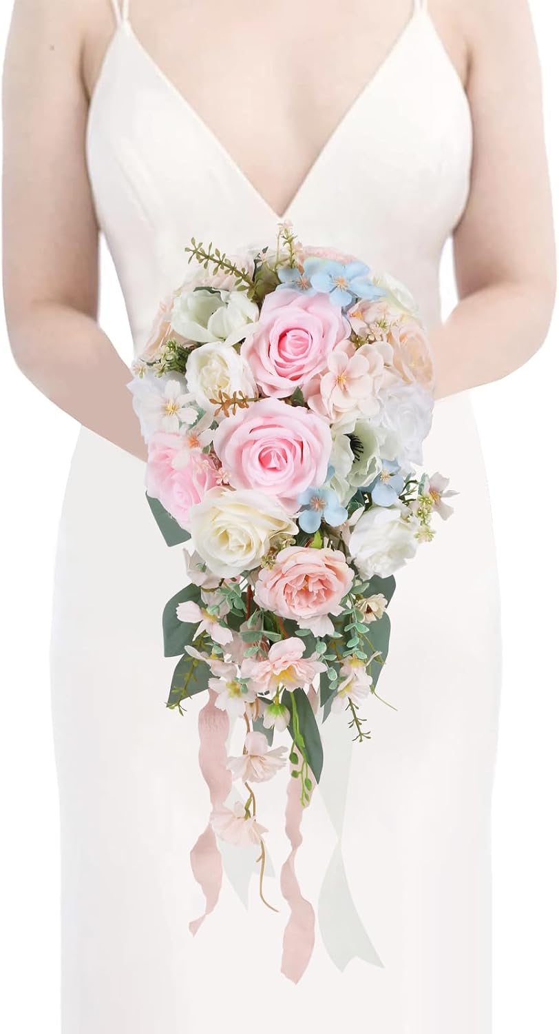 Blush Pink Wedding Bouquets for Bride,10 Inch Fake Cascading Bridal Bouquet Silk Faux Flowers for Ceremony Anniversary Wedding Bridal Shower(Light Pink)