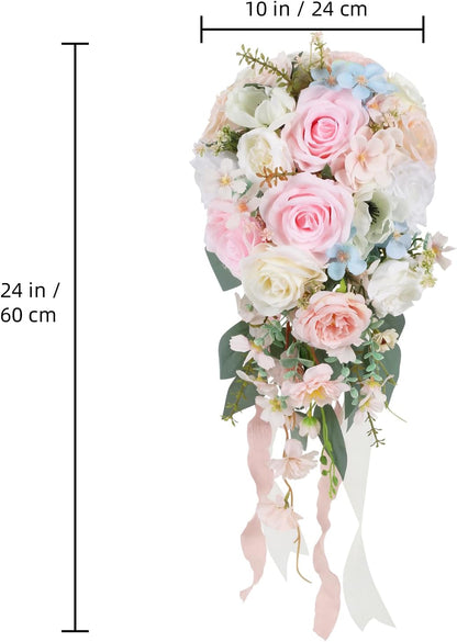 Blush Pink Wedding Bouquets for Bride,10 Inch Fake Cascading Bridal Bouquet Silk Faux Flowers for Ceremony Anniversary Wedding Bridal Shower(Light Pink)