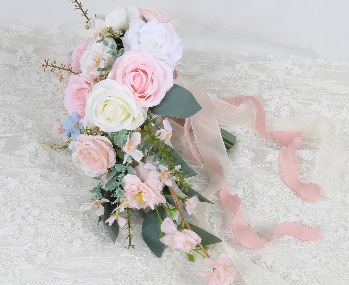 Blush Pink Wedding Bouquets for Bride,10 Inch Fake Cascading Bridal Bouquet Silk Faux Flowers for Ceremony Anniversary Wedding Bridal Shower(Light Pink)