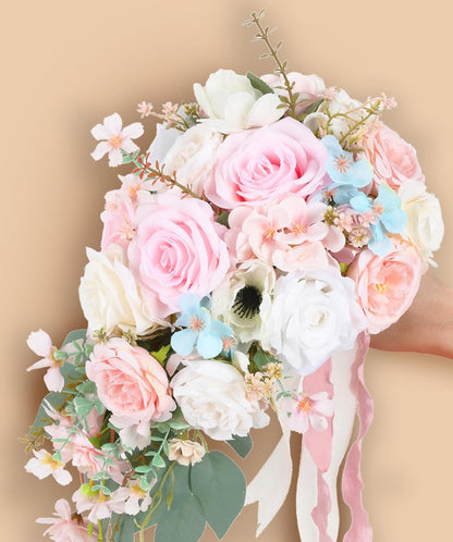 Blush Pink Wedding Bouquets for Bride,10 Inch Fake Cascading Bridal Bouquet Silk Faux Flowers for Ceremony Anniversary Wedding Bridal Shower(Light Pink)