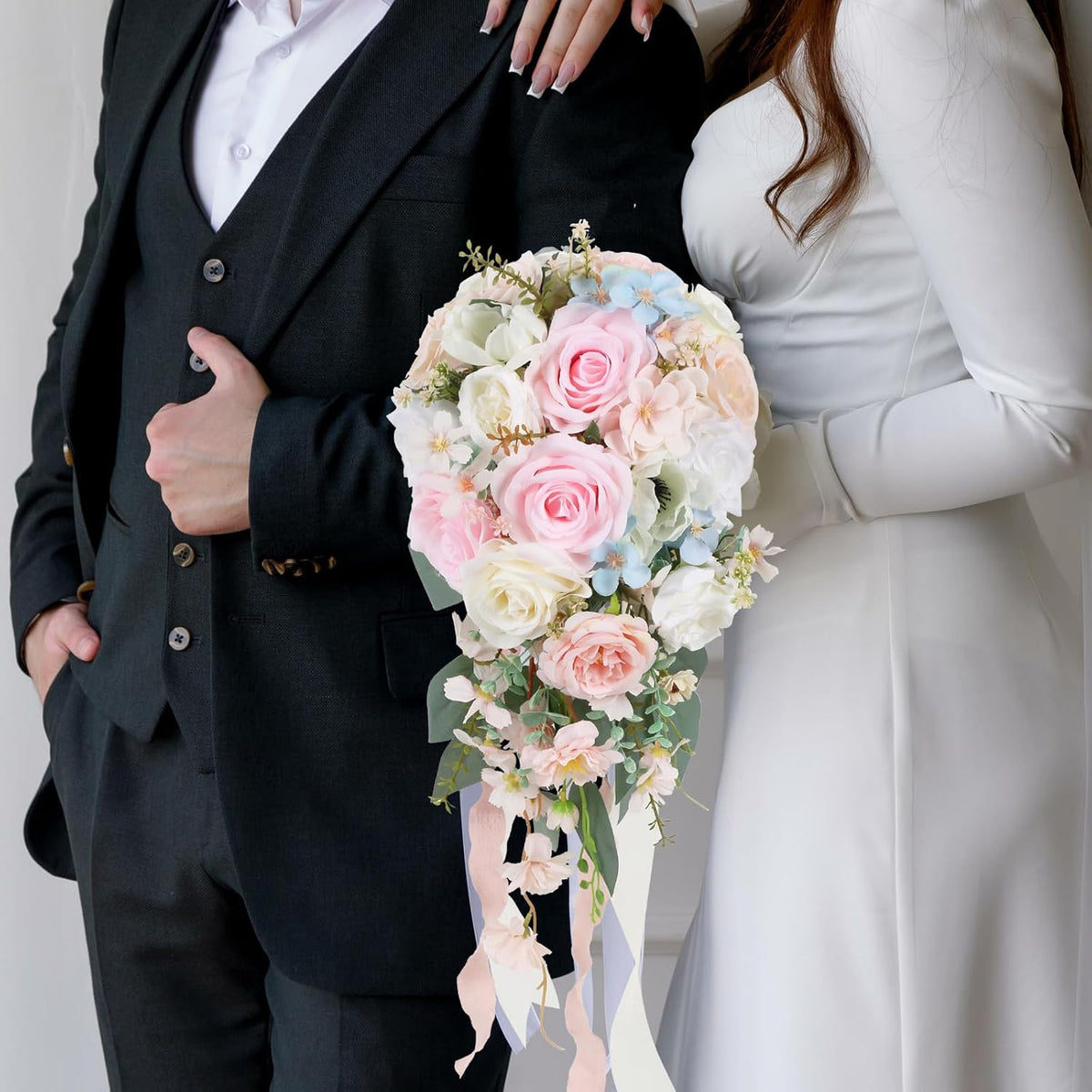 Blush Pink Wedding Bouquets for Bride,10 Inch Fake Cascading Bridal Bouquet Silk Faux Flowers for Ceremony Anniversary Wedding Bridal Shower(Light Pink)